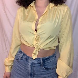 Pastel Yellow Satin Button Down Long Sleeve